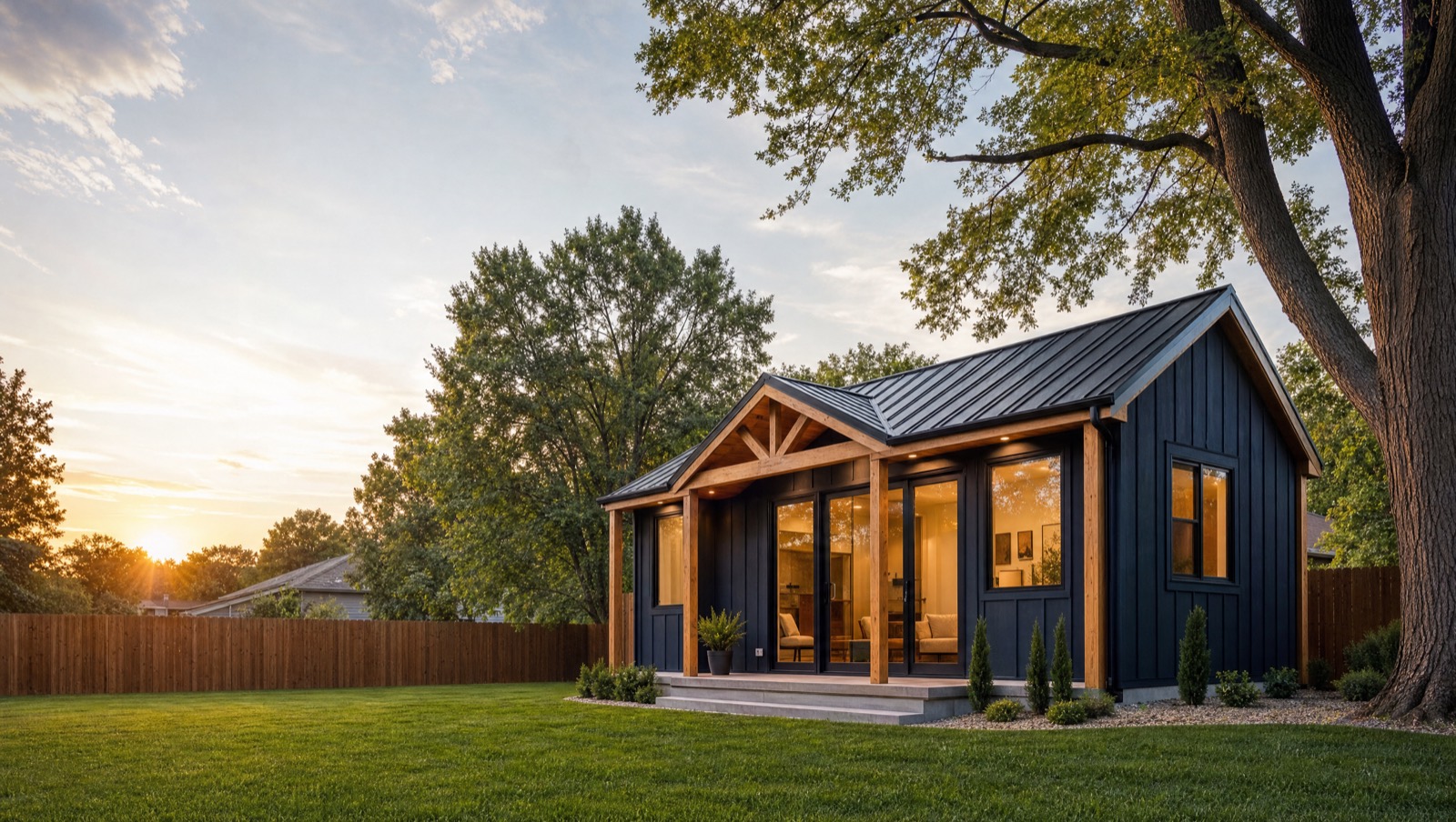 A finished backyard structure at golden hour in a Lee's Summit yard