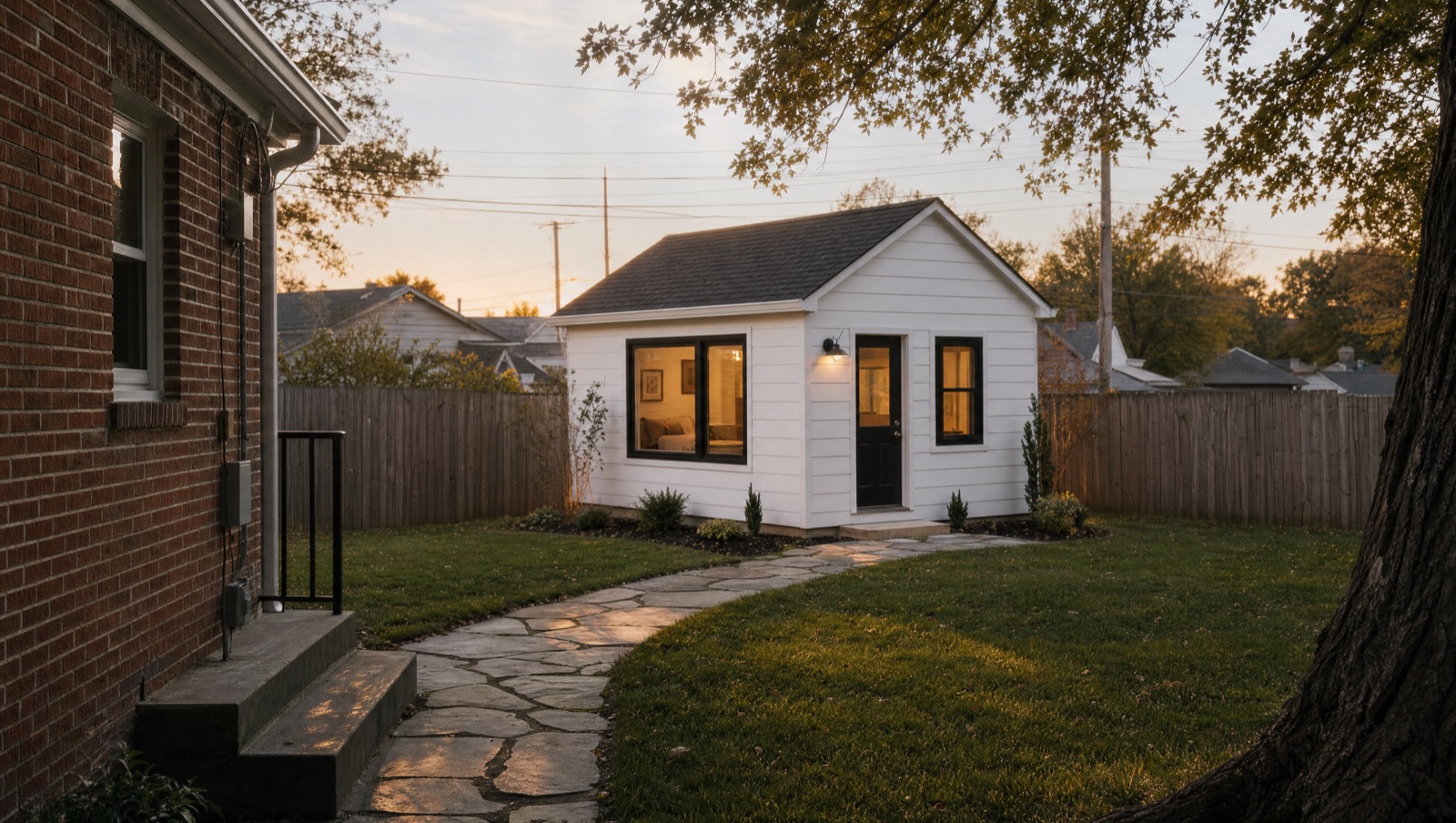 A small accessory dwelling unit cottage behind a Kansas City brick bungalow