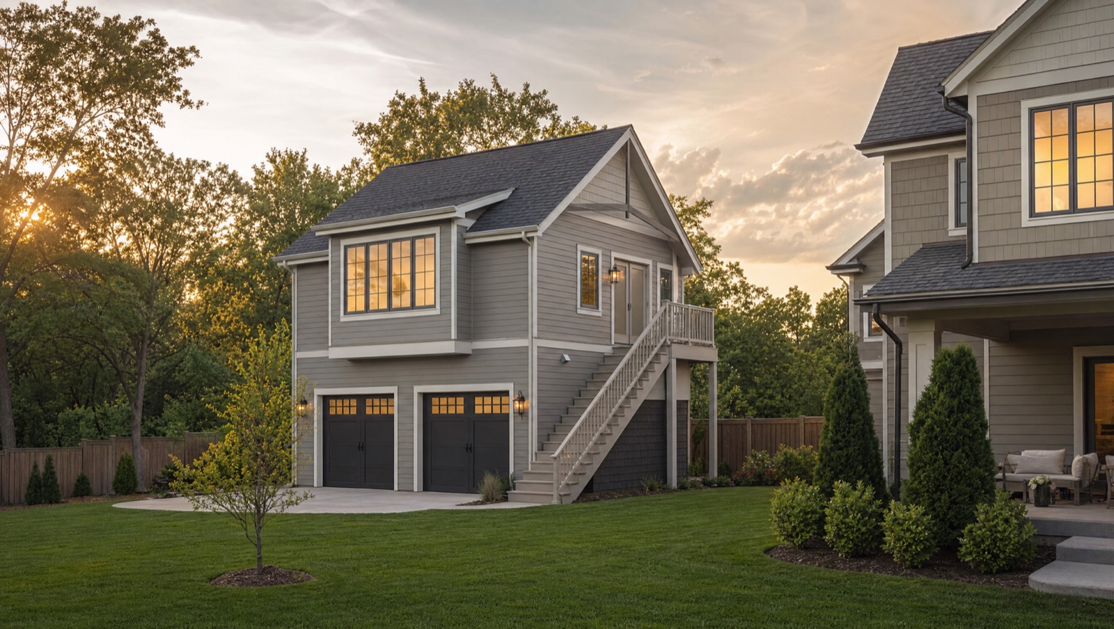 A detached garage with a finished apartment above it behind a Johnson County home