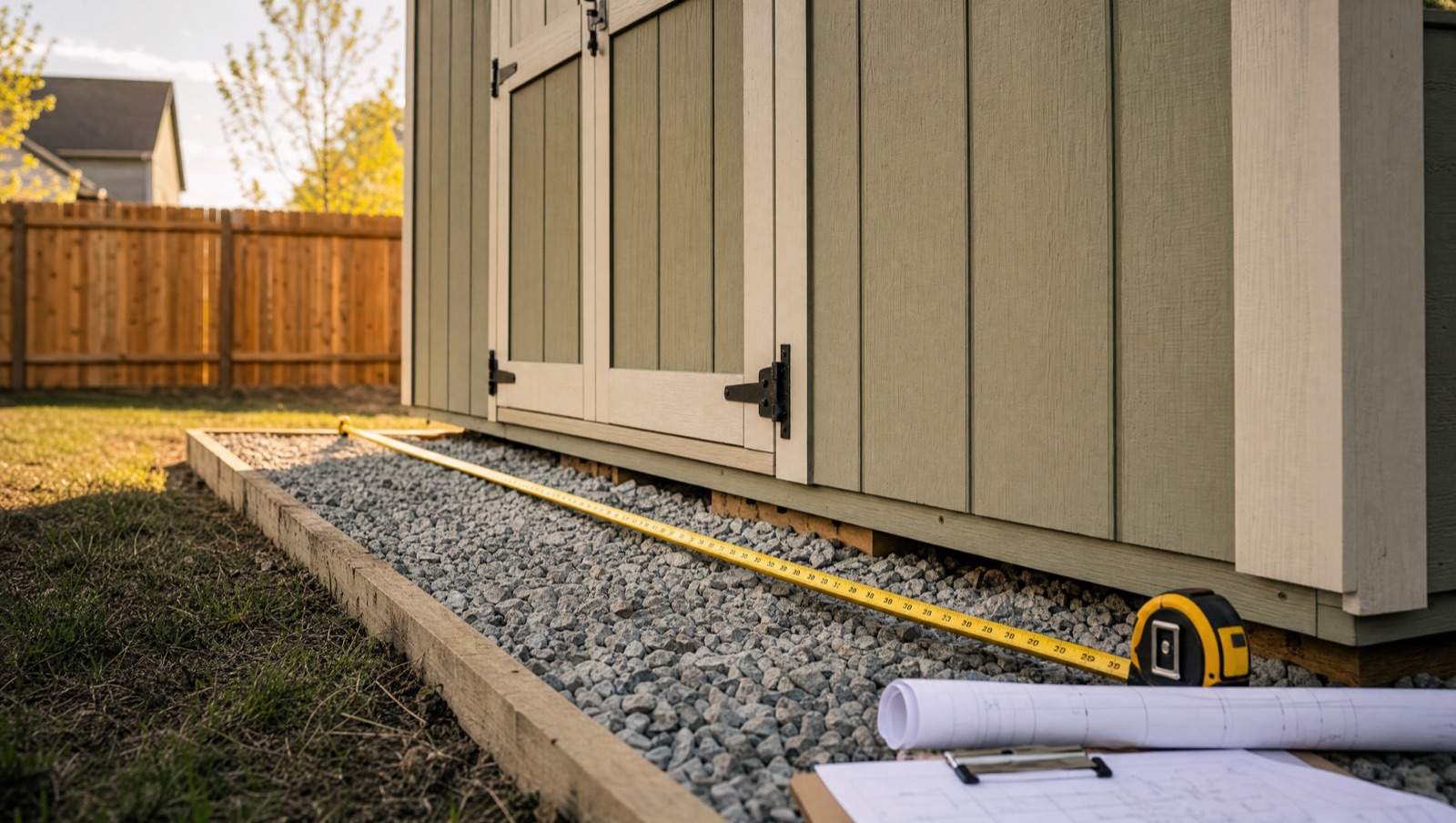 A tape measure along the base of a new storage shed in a Lee's Summit backyard